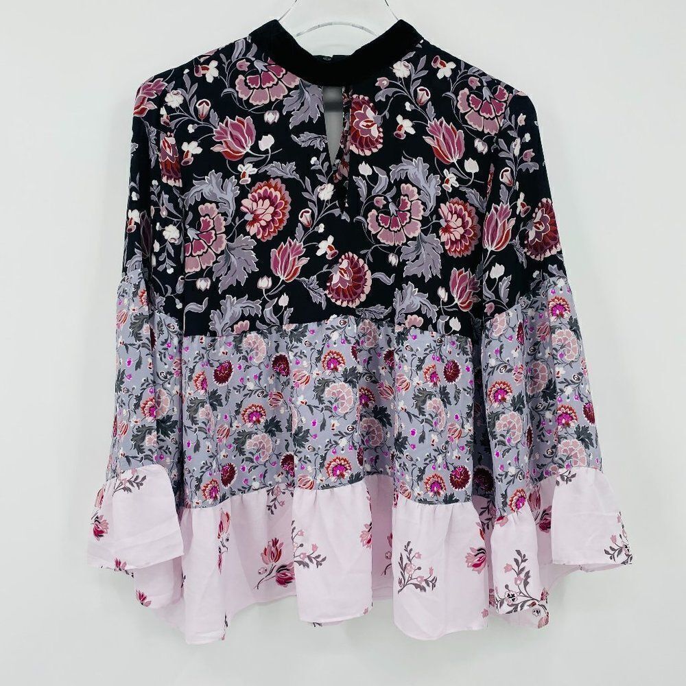 LOFT Size Small Purple Floral Velvet Mock Neck Keyhole Boho Blouse Top